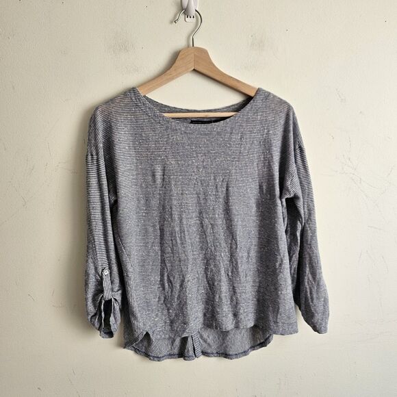 Adrienne Vittadini 100% Linen Blue Striped Top – Size XS – EUC Lightweight - Picture 1 of 8